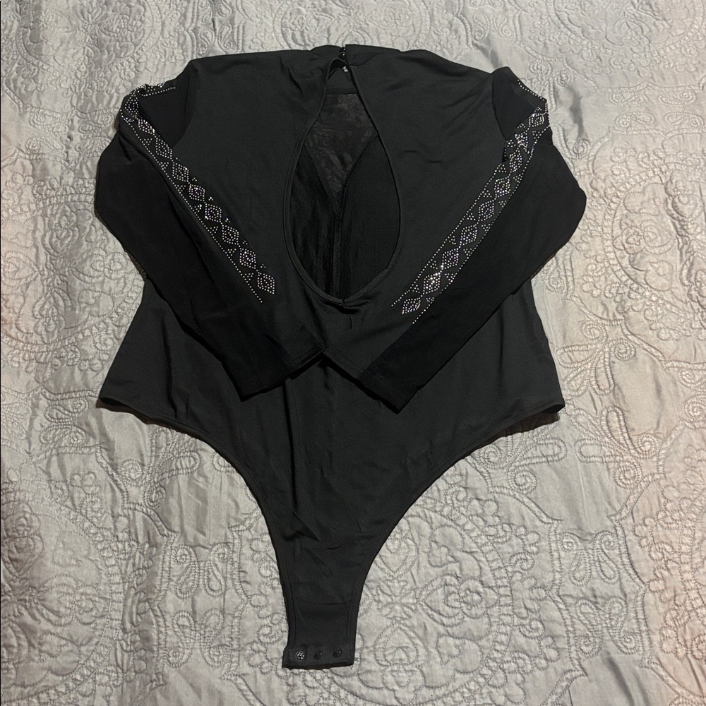 🖤 Black Rhinestone Mesh Bodysuit – 2XL – Sheer Cutout Statement Top - Picture 3 of 8